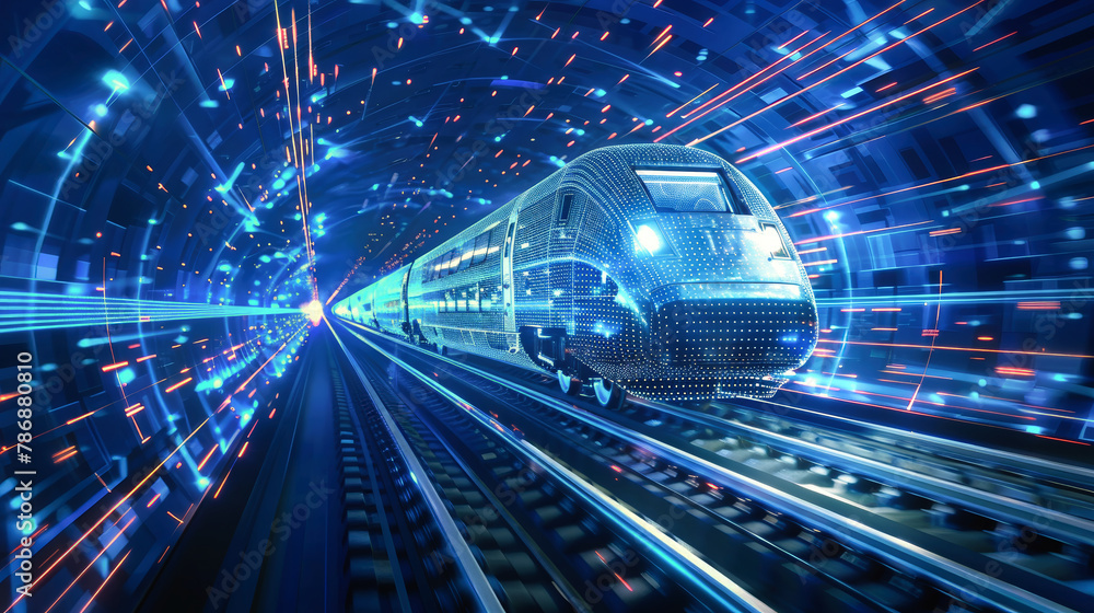 Poster a modern passenger train travels through a tunnel illuminated by colorful lights, creating a mesmeri