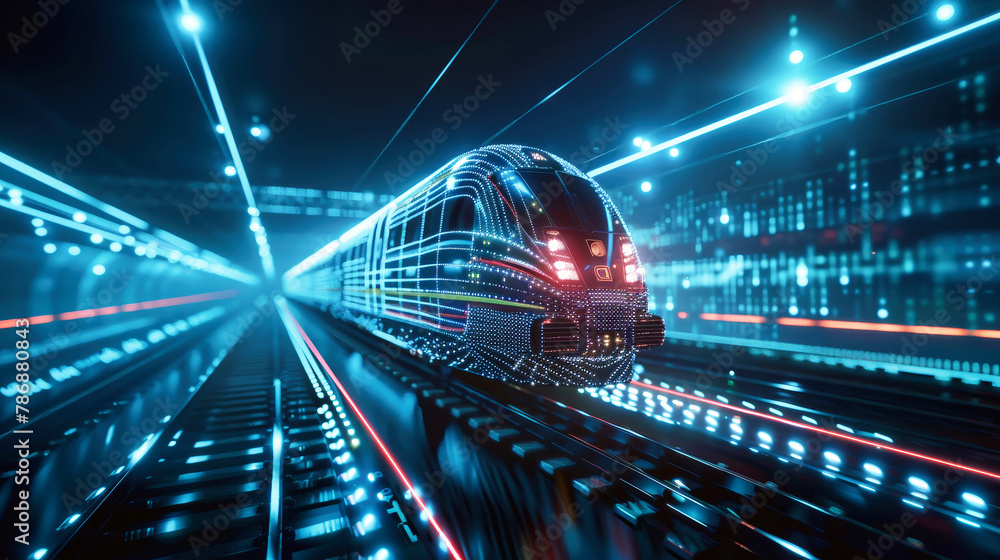 Poster a modern passenger train travels through a tunnel illuminated by bright lights, creating a captivati