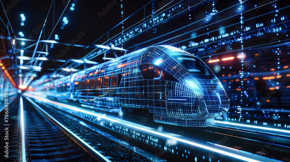 Poster a modern passenger train glides through a tunnel pulsating with colorful lights, creating a mesmeriz