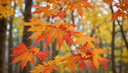 autumn season and end year activity with red and yellow maple leaves with soft focus light and bokeh background