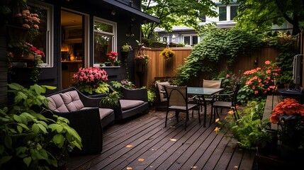 Fototapeta na wymiar Small downtown Toronto urban back yard garden in summer 