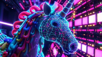 A unicorn made of neon lights in a dark room