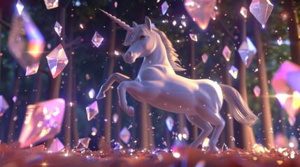 A unicorn stands in a magical forest, surrounded by floating crystals and a rainbow.