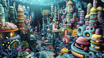 A whimsical polymer clay city under the sea with bright colors and strange buildings. - obrazy, fototapety, plakaty
