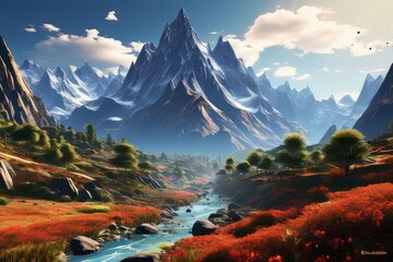Beautiful Mountain landscape with mountains and clouds. - obrazy, fototapety, plakaty