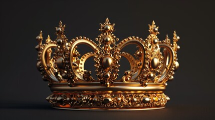 Design a realistic 3D render of an opulent gold crown, illustrating its intricate details and luxurious appearance