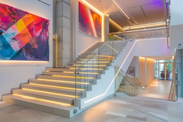 A modern stairwell in a contemporary office building features sleek, minimalist design elements.