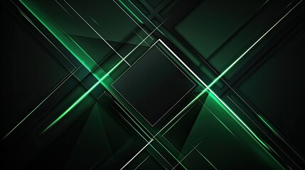 Develop a background that explores the harmony between metallic green lines and cyber geometric shapes, set against a black backdrop