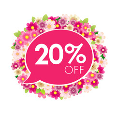 Creative advertising floral label. Up to 20 percent off discount coupon. Seasonal sale banner. Special offer web icon. Pink button. Gift card template. Price tag concept. Isolated 3 D flowers.