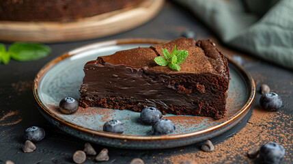 Plate with slice of tasty homemade chocolate cake - obrazy, fototapety, plakaty