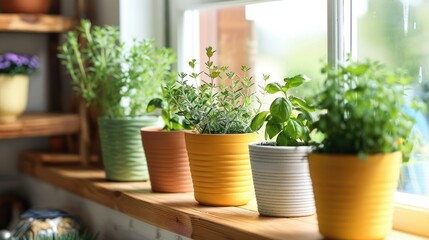 Develop a visual representation of the process of growing plants at home, with a focus on specialized pots designed specifically for cultivating herbs