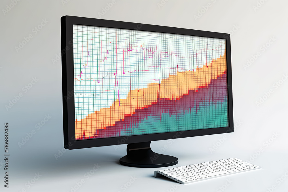 Poster a computer monitor with a graph on it and a keyboard and mouse on a desk.