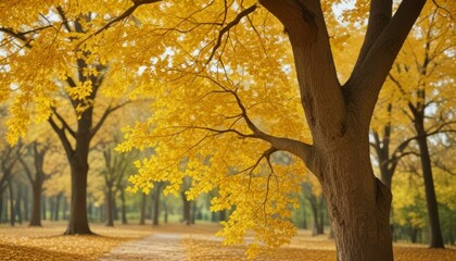 Fototapeta premium Autumn yellow leaves of oak tree in autumn park. Fall background with leaves. Beautiful autumn landscape