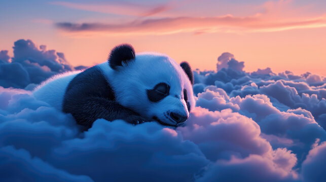 Photo illustration of a panda sleeping soundly on a cloud at dusk