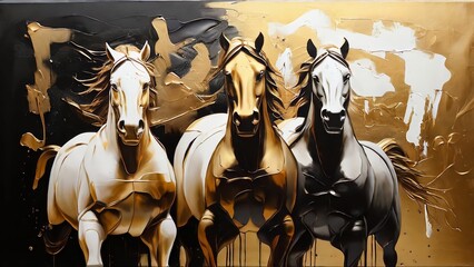 A painting of abstract oil. Art painting, gold, horse, canvas, wall art, modern artwork, paint spots, paint strokes, knife painting, large stroke painting, mural, black, white.Ai generative