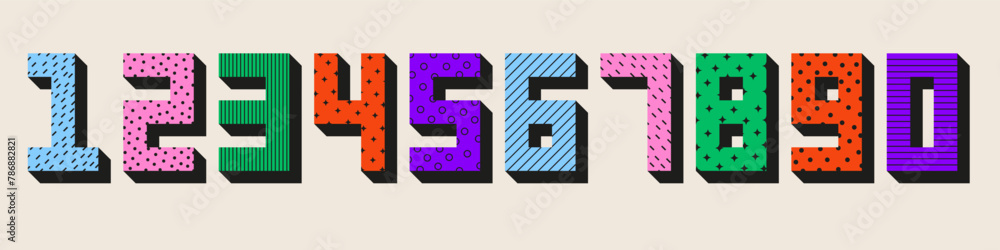 Poster colorful number set from 0 to 9. geometric figures with texture pattern