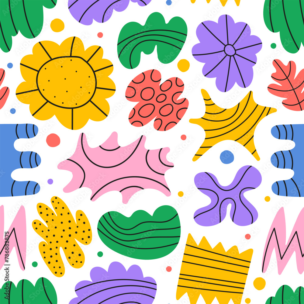 Poster fun colorful seamless pattern with doodle shapes brutal style.
