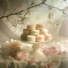 Gourmet French macarons, pastel colors, delicate arrangement, soft lighting