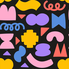 Playful abstract shapes seamless pattern. Doodle figures brutal style. 
