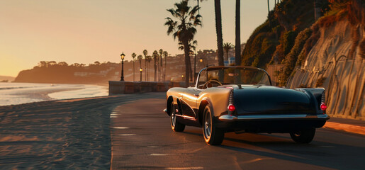 Vintageinspired electric roadster with the grace of a heron, cruising along a beachside promenade, early evening light casting a nostalgic glow - obrazy, fototapety, plakaty
