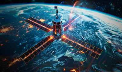 Telecom Satellite Orbiting Earth Globe with Futuristic Technology Data Hologram Information for Online Internet Connection GPS Space Services Banner