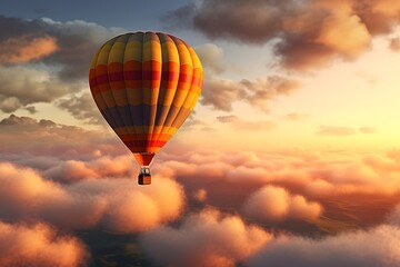 Fototapeta premium Hot air balloon flying high in the sky at sunset