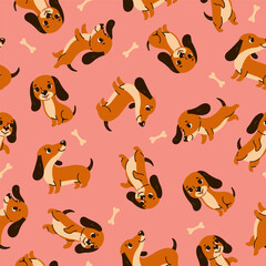 Seamless pattern with cute dachshunds and bones. Vector graphics. - obrazy, fototapety, plakaty