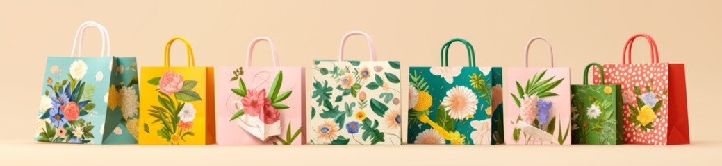 Row of decorated shopping bags celebrating Mother's Day with beautiful pattern of pastel colors on light background as 3D rendering illustration for high resolution banner design