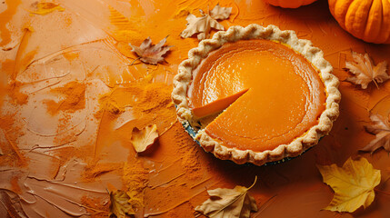 Pumpkin Pie on an Orange Background with Space