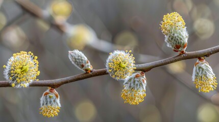 Willow tree catkins bloom up close during spring