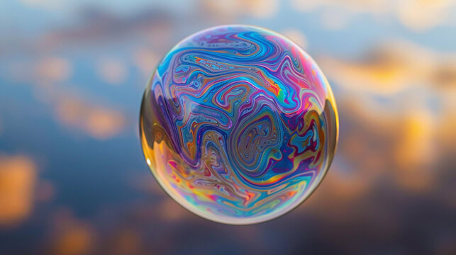 A bubble suspended in the air, its soap film acting as a mirror to the unseen complexities of the 5th dimension, with every swirl of color hinting at deeper mysteries, super realistic