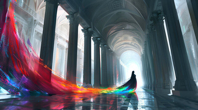 Fantasy Art of a Woman Wearing a Long Rainbow-Color Gown Standing in a Vast Castle Corridor
