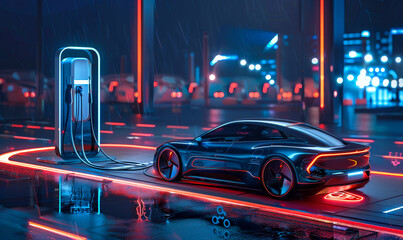 Futuristic Electric Car Charging at EV Station High Speed Charger Infrastructure Banner