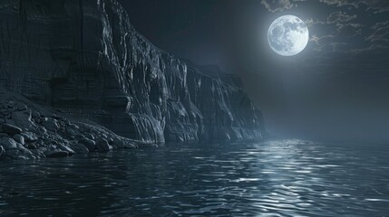 Moonlit Coastal Cliffs and Rock Pools at Night