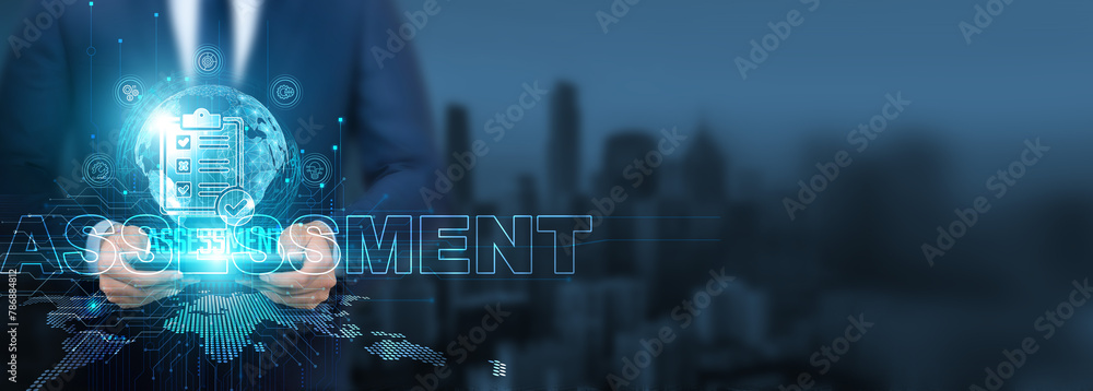 Poster assessment of technology, businessman using of cutting-edge technology with tablet on global network
