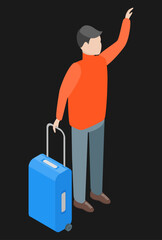 man in a red sweater and with a suitcase