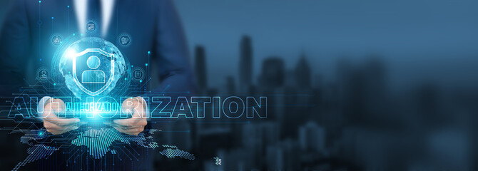 Authorization technology, Businessman using of authorization technology with tablet on global...