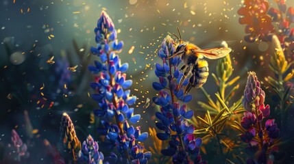 Hornet gathers pollen from lupins in bloom