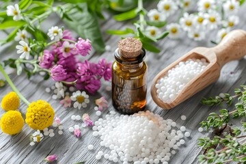 Tranquil Homeopathic Wellness Composition with Herbal Ingredients and Alternative Medicine Concept