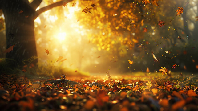 Autumnal Serenity A Landscape of Falling Leaves and Golden Sunlight Illuminating a Forest Path, Evoking the Tranquility of the Season