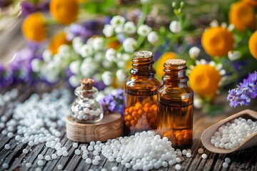 Homeopathic Medicine and Holistic Wellness Bottles Jars and Vials with Flowers and Natural Ingredients on Rustic Wooden Table