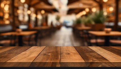 A Taste of Rustic: Perspective Brown Wooden Board in Café Blur - obrazy, fototapety, plakaty