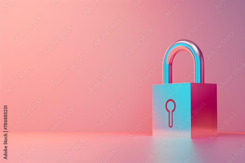 Poster locked digital security system on colored plain background representing firewall protection and rest