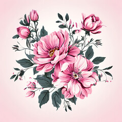 Abstract watercolor flowers on a light pink background, peonies, roses, green leaves, natural fl