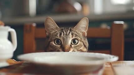 Domestic cat staring at pancakes.