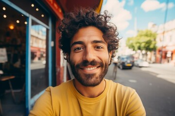 A man with freckles on his nose, taking a selfie on her phone. He is of Latino nationality, around 29 years old.