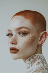 Close-up of a model with red hair, freckles, and delicate face makeup representing art and beauty