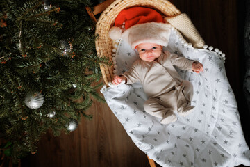 The newborn is lying in a cradle, wearing a Santa Claus hat.