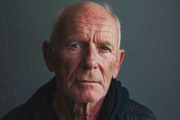 Portrait of an old man with wrinkles on his face, looking at the camera.
