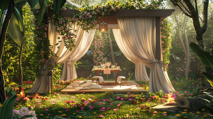 A romantic picnic scene in a secluded garden gazebo, draped with billowing curtains and fragrant blooms, creating an intimate setting for a special celebration. - obrazy, fototapety, plakaty